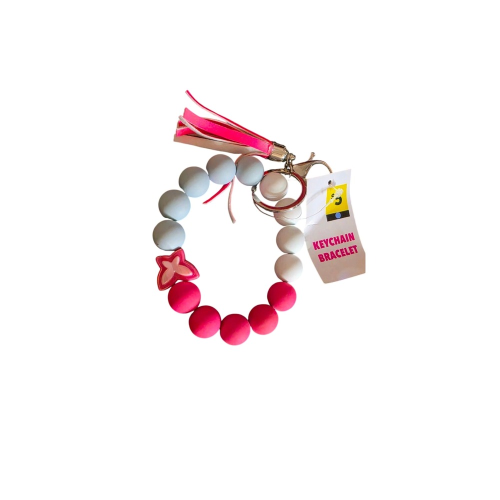Pink Grey White Silicone Beaded Keychain Bracelet Wristlet with Tassel Charm NEW